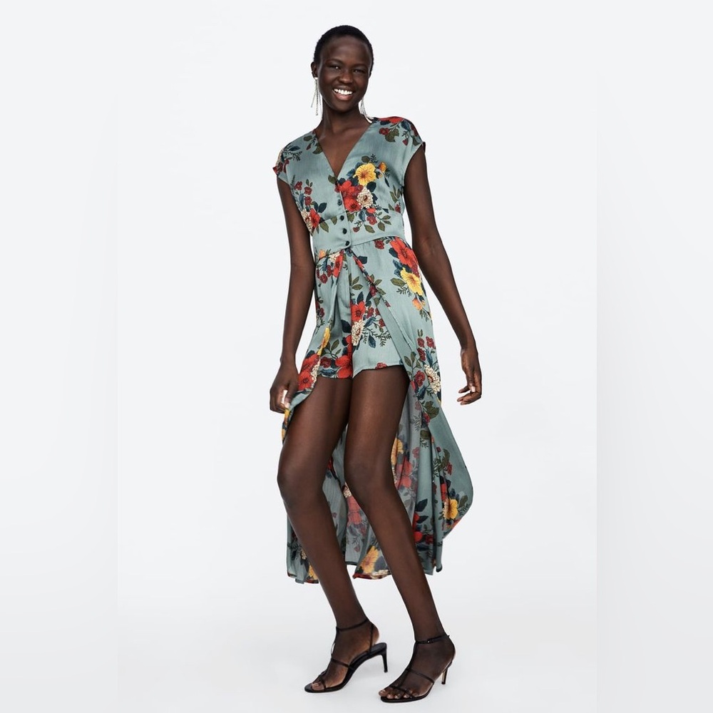~EUC~ ZARA Maxi Romper Dress V-neck Floral Print